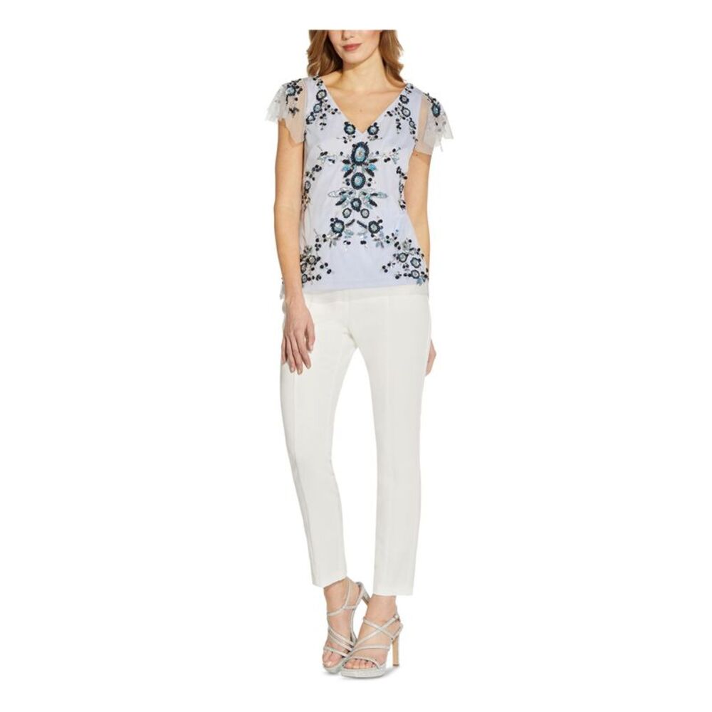 ADRIANNA PAPELL Womens Blue Lined Mesh Flutter Sleeve V Neck Wear To Work Top 20